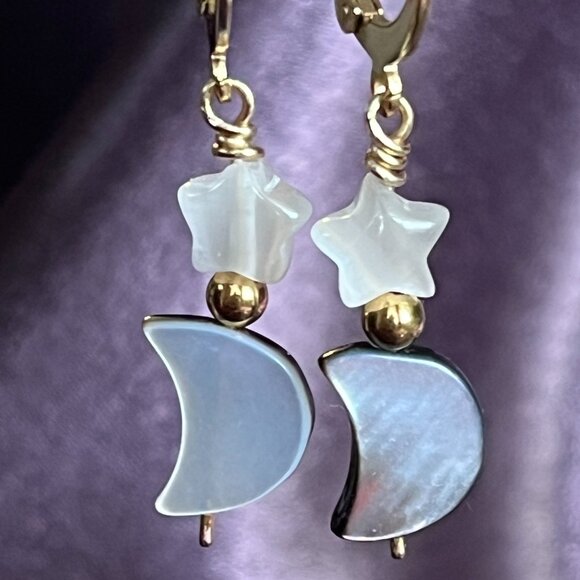 Moon and Star Earrings, Mother of Pearl, Celestial - Picture 4 of 5